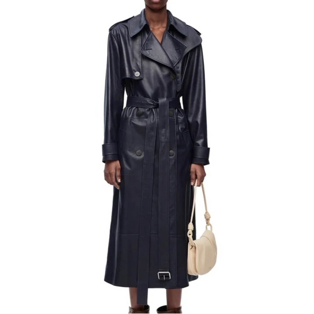 Loewe Navy Blue Leather Trench Coat